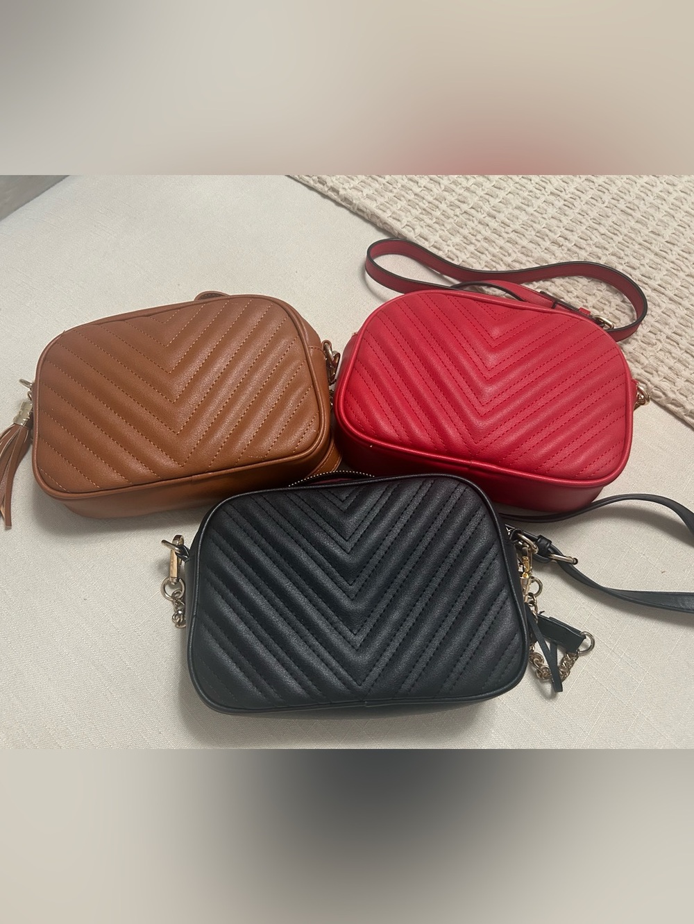Set of Three Quilted Crossbody Bags - Black, Red, Brown. In Brand New Condition